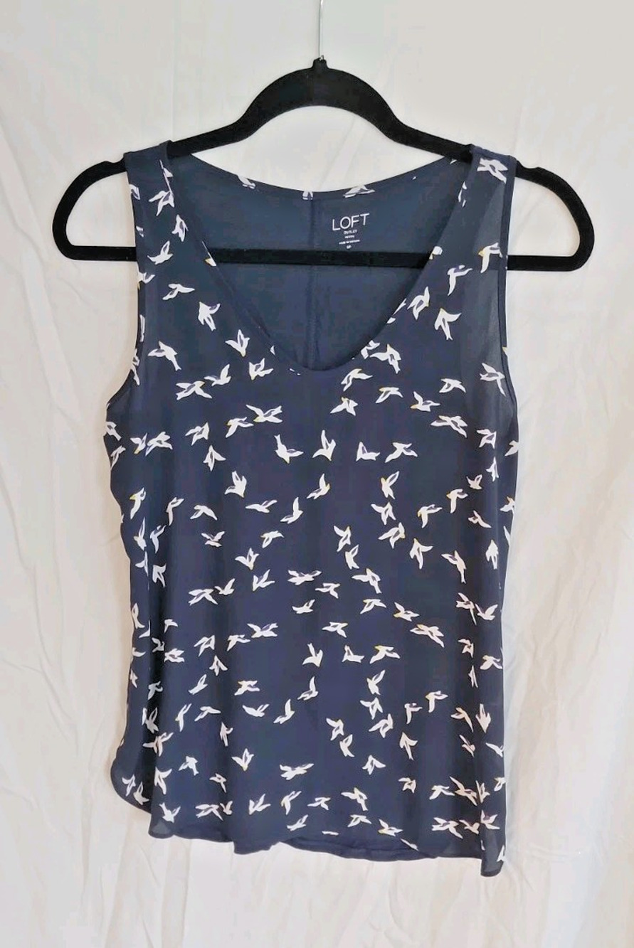 Loft Outlet Top SP Small Petite Navy Blue White Birds Cami Tank Business Casual